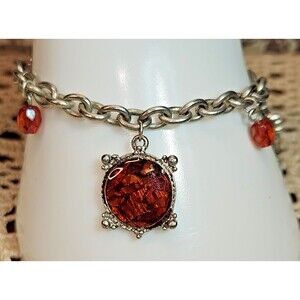 Beautiful Red Enamel & Silver Tone Charm Bracelet 7"